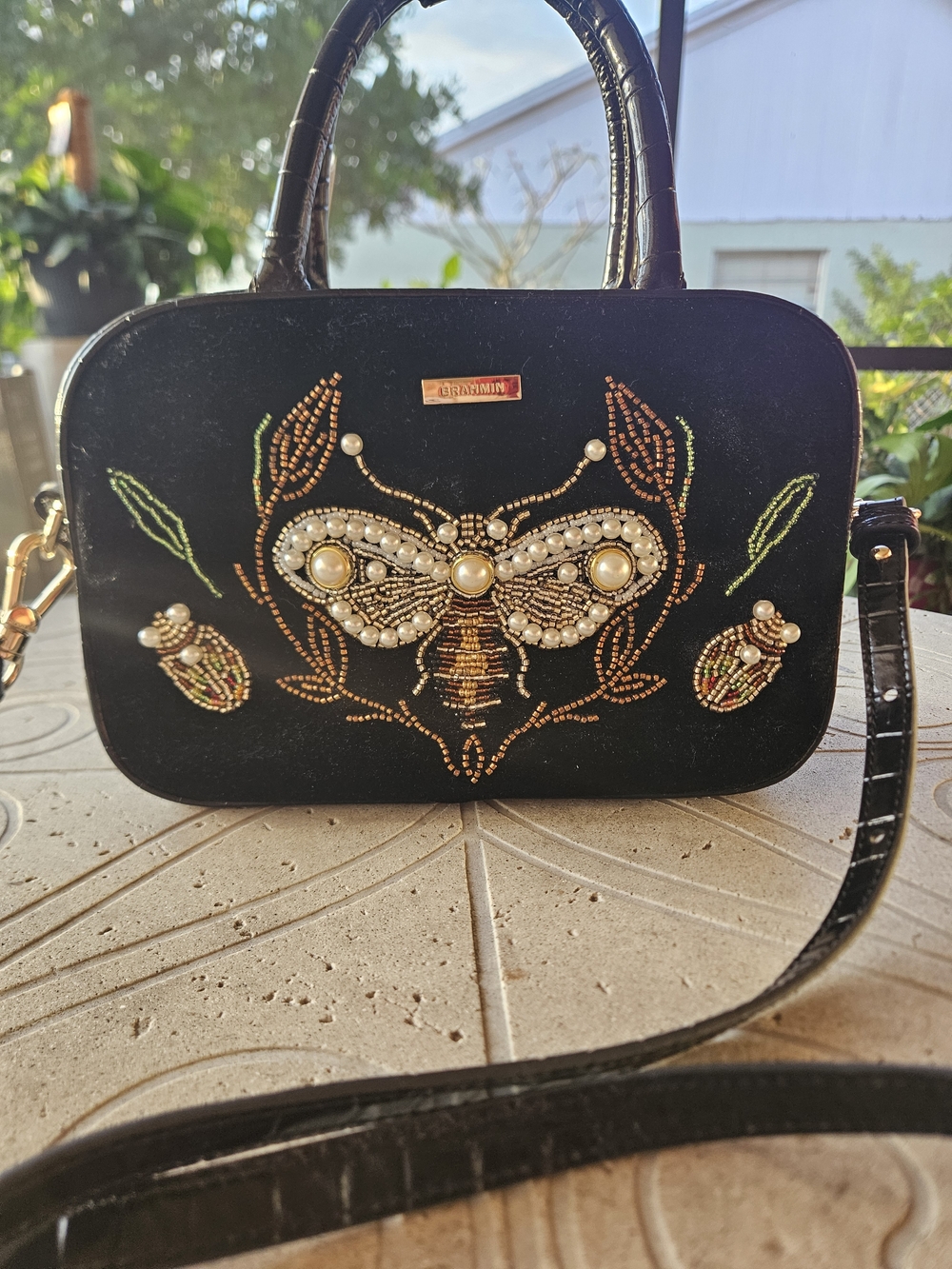 TODAY ONLY $100.  Embellished Black Velvet Satchel with Beaded Bee Motif - Picture 4 of 6